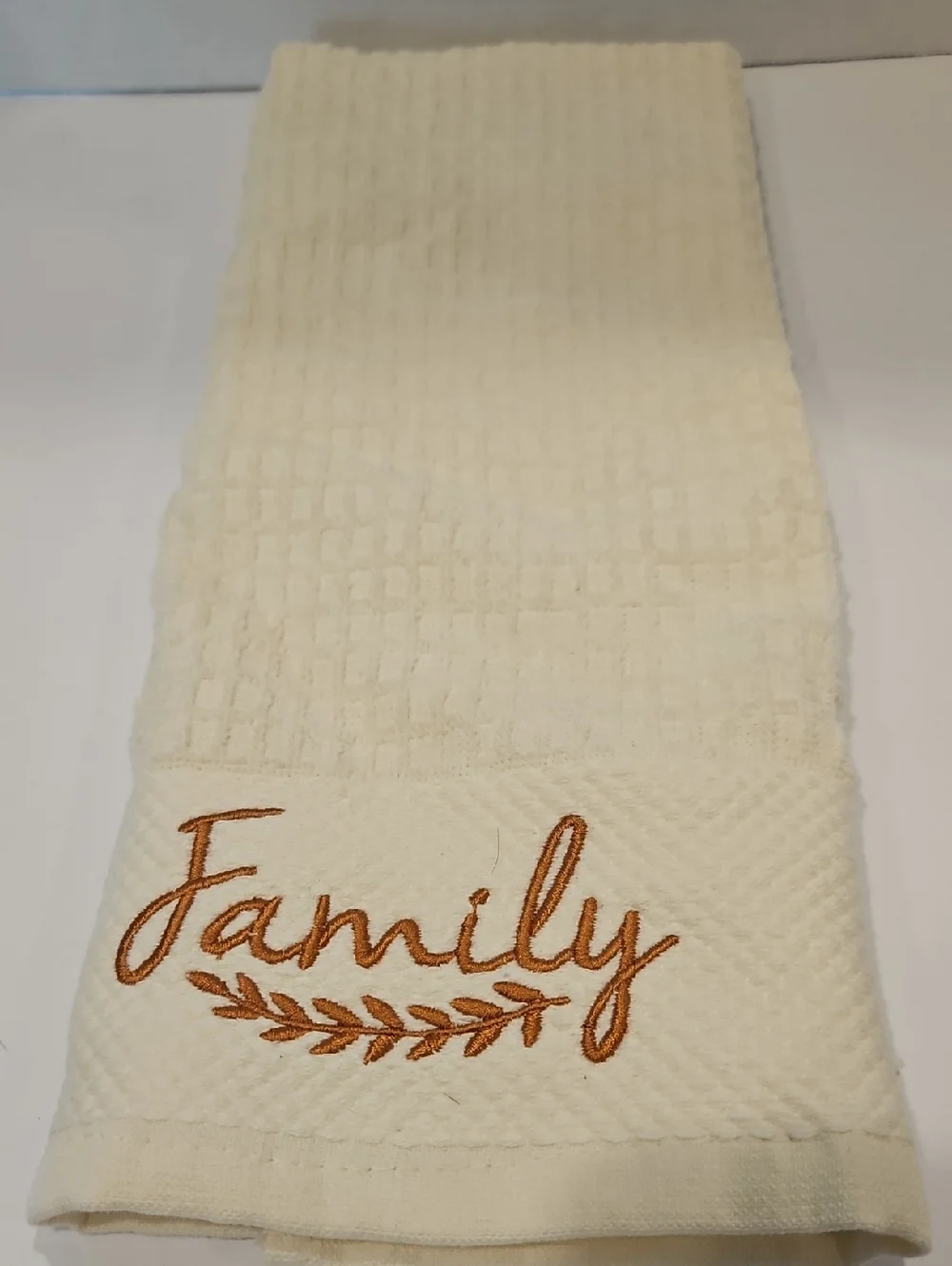 Embroidered 'Family' Cream Waffle Weave Hand Towel